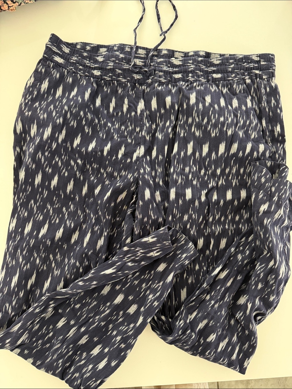 LOFT Navy and White Ikat-Style Drawstring Pants